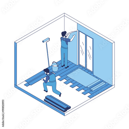 Cartoon Color Floor Screed House Construction Concept 3d Isometric View Line Elements. Vector illustration of Renovation or Fixing Service