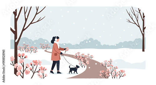 Woman Walking Dog in Snowy Winter Park with Blooming Cherry Blossoms