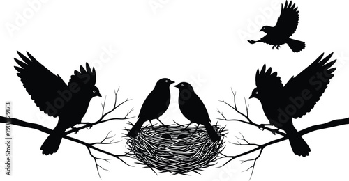 Bird, silhouettes, nest, love, couple, branches, family, nature, wildlife, black, isolated, white, background, illustration, vector, birds, tree, design, romance, concept