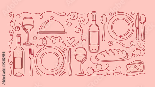 Elegant Line Art Dinnerware and Wine Bottles on Pink Background.