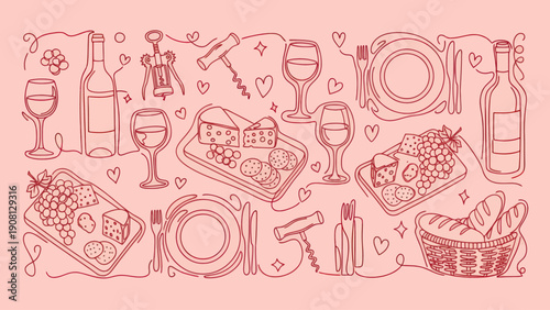 Elegant Wine and Dine Sketch with Delicious Food and Drink Elements.
