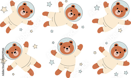 Cute astronaut teddy bear vector set with playful space bears in helmet, kawaii cartoon characters floating among stars isolated on white background