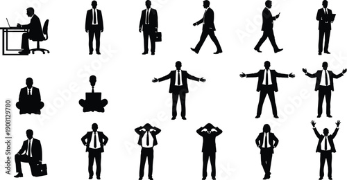 Businessman silhouettes set, corporate office worker poses, professional business people activities, leadership success concept isolated on white background