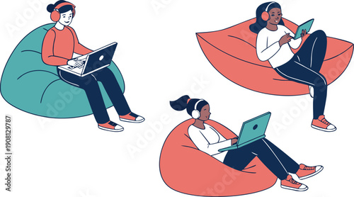 Three people sitting on bean bags with laptops, isolated on transparent background.