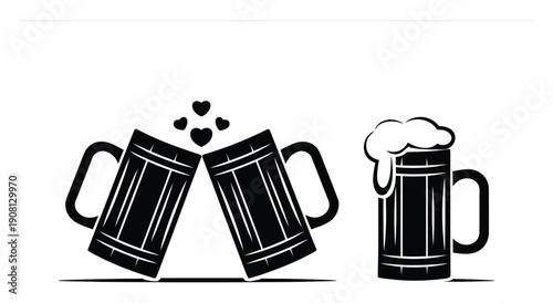 Black and White Illustration of Beer Mugs Clinking with Hearts and a Frothy Mug