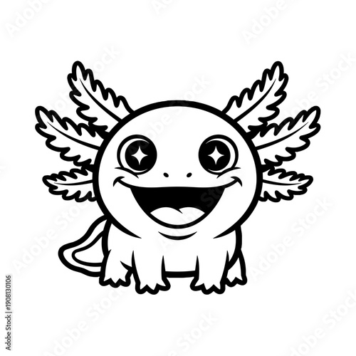 Cute black and white cartoon axolotl character with a joyful expression and playful outline. Happy black and white outline cartoon axolotl character, smiling and full of charm 