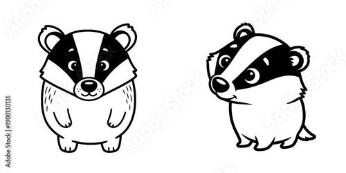 Cute cartoon badger character illustrations with simple black and white designs  
