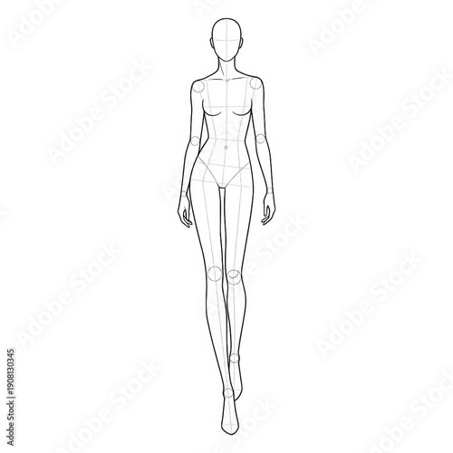 Female Fashion Croquis in Walking Catwalk Pose.