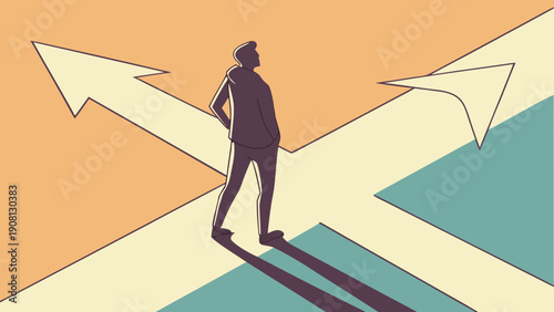 A confident businessman stands at a crossroads, ready to make a decision and move forward with determination and leadership