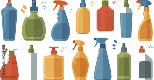 Household cleaning bottles vector set with colorful detergent and spray containers, cleaning product packaging illustrations for hygiene and sanitation isolated on white background