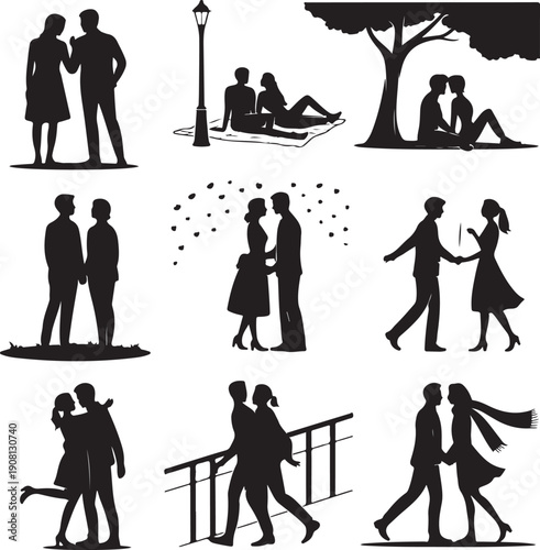 black silhouettes of couples in various romantic poses and activities together