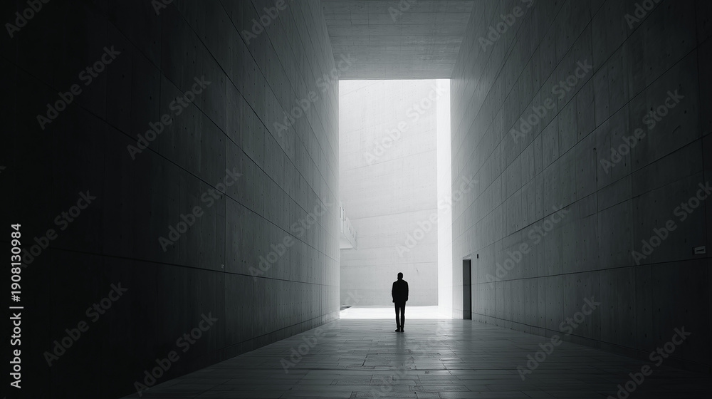 Fototapeta premium Silhouette of a person in a contemporary building with high contrast 