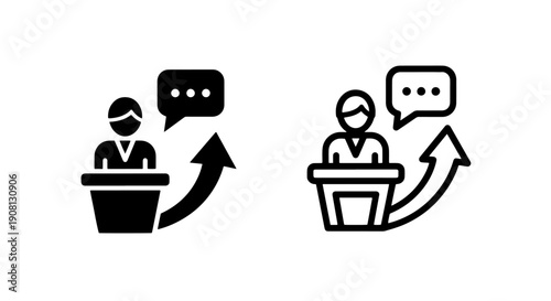 Speaker Icon with Growth Arrow and Speech Bubble, Success Concept