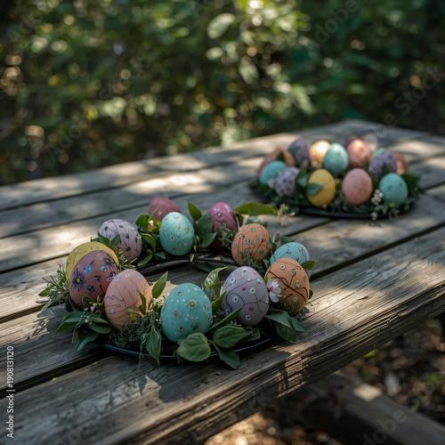 Decorative eggs in a wildflower wreath create a cheerful and spring-like atmosphere, perfect for an outdoor Easter celebration