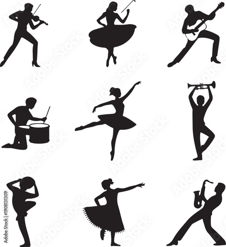 Black silhouettes of musicians and dancers performing on white background