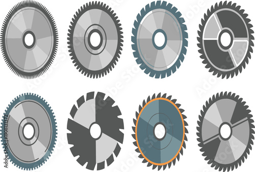 Circular saw blade vector illustration set with different industrial cutting discs, metal and wood saw tools isolated on white background