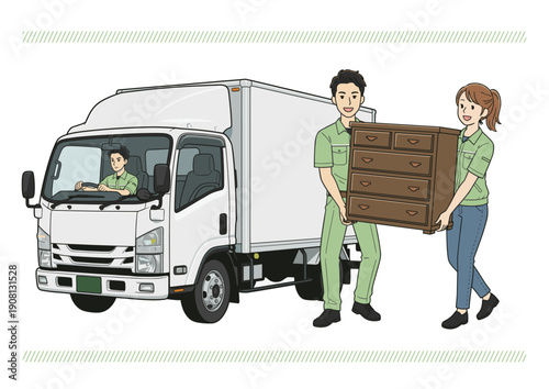 引っ越しトラックと家具を運ぶ作業スタッフのイラスト