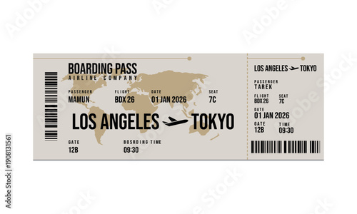Boarding pass for flight from Los Angeles to Tokyo with passenger details and flight information