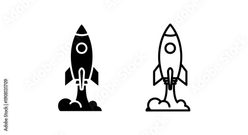 Rocket launch icons with smoke: black and outline for space exploration and takeoff