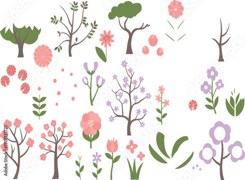 Spring nature vector illustration set with trees, blooming flowers and plants, cute floral and botanical elements for seasonal design isolated on white background