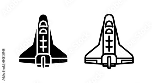 Spacecraft icons: black and outline designs for futuristic space exploration