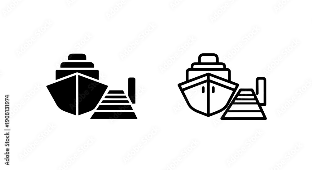 Φωτογραφία Ship Docking Icons: Ferry Approaching Gangway in Solid Black and Outline