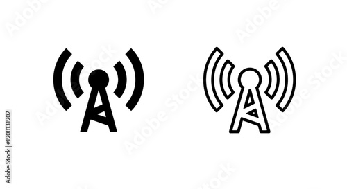 Vector icons of broadcast tower, solid and outline styles, on white background