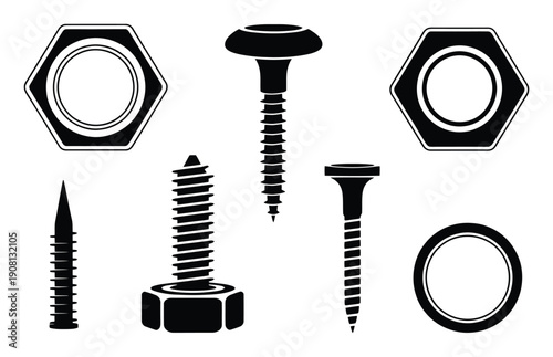 Collection of Black and White Silhouettes of Nuts, Bolts, and Screws