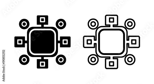 Central hub icons with connections, solid and outline, for network and core concepts