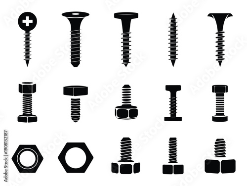 Collection of Black and White Silhouettes of Various Screws and Bolts