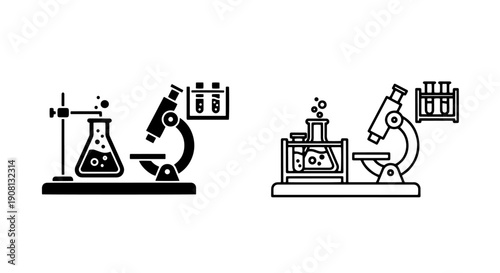 Solid and Outline Icons of Laboratory Equipment: Flask, Microscope