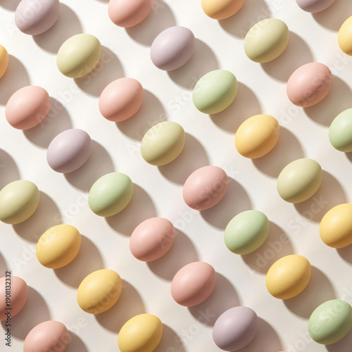 A lovely collection of eggs in soft colors is symmetrically arranged, bringing a touch of joy and lightness to Easter decoration.