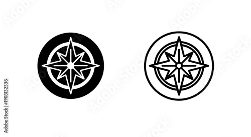 Solid and Outline Compass Rose Icons in Circles