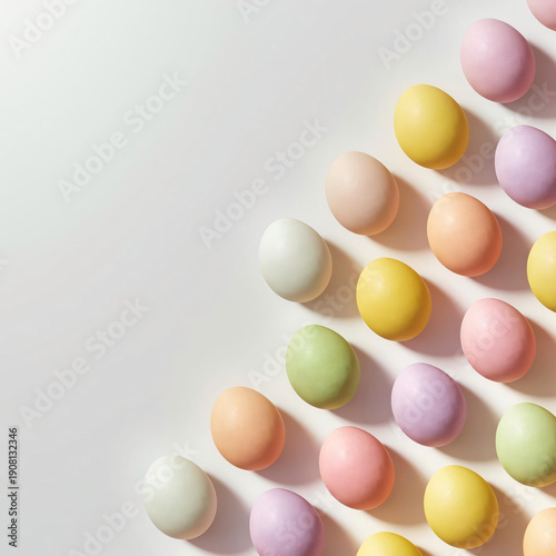 A variety of decorative eggs in pastel shades align on a neutral background, evoking a sense of celebration and spring renewal.