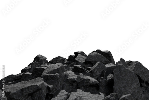 Konstfotografi Dark, rugged, angular rocks form a sprawling pile in the lower frame, their text