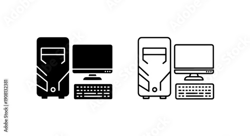 Desktop computer set icons, modern workstation for office and home use, black and white vectors