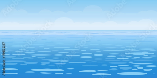 Seascape. Panoramic ocean view with clouds and sky in the background. Minimalistic simple summer background with ripples on water surface.