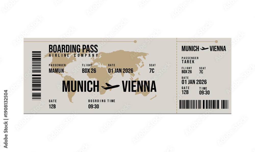 Obraz premium Boarding Pass for Munich to Vienna Flight with Passenger Details