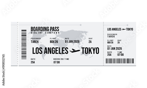 White boarding pass for flight from Los Angeles to Tokyo