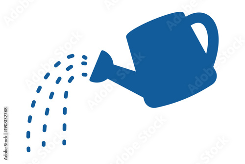 Blue watering can icon with water droplets, Garden irrigation equipment illustration, Plant care and horticulture tool, Gardening hobby and farming symbol, Flat design watering pot for agriculture
