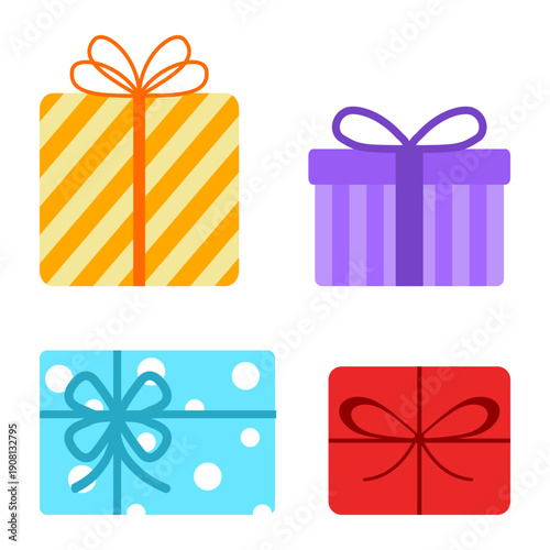 Colorful gift boxes set with ribbons and bows, Celebration and holiday present collection, Birthday and Christmas gift icons, Flat design surprise boxes, Anniversary and special occasion greeting