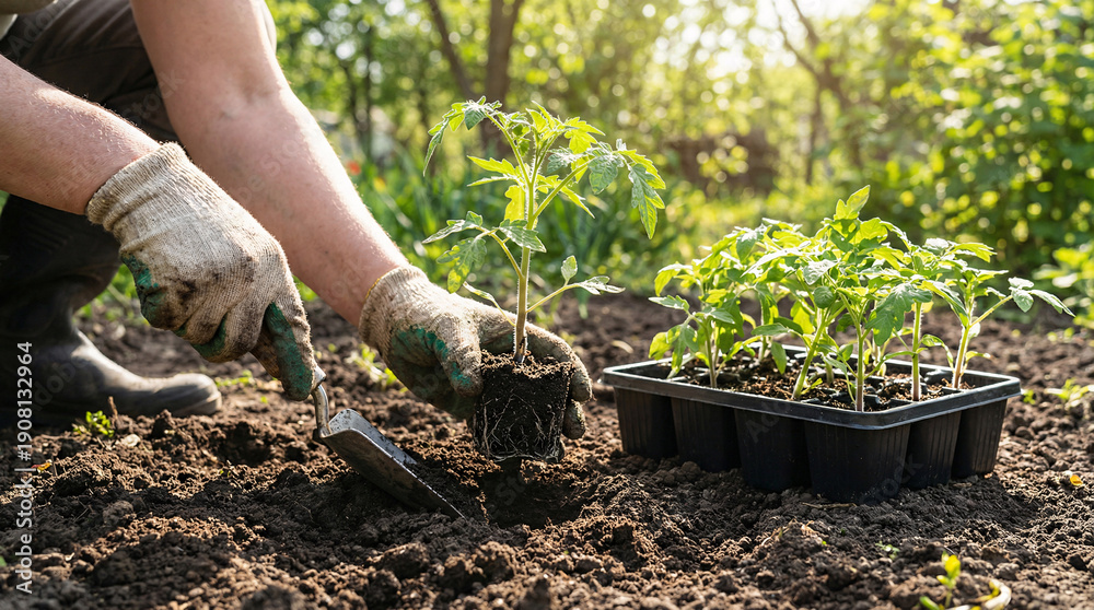 Fototapeta premium A person wearing gardening gloves plants a young seedling into the soil next to a tray of similar plants