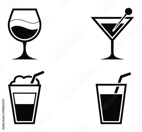 Collection of four black and white icons representing different drinks