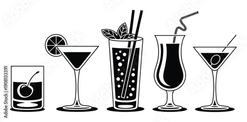 Collection of Five Stylized Black and White Cocktail Icons with Garnishes