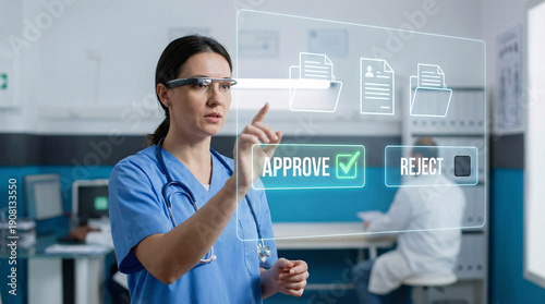 A female doctor in blue scrubs interacts with a futuristic transparent screen displaying medical document approval options in a modern hospital.
