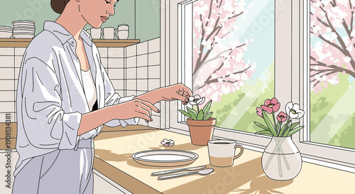 Woman tending potted plants on windowsill with spring blossoms outside