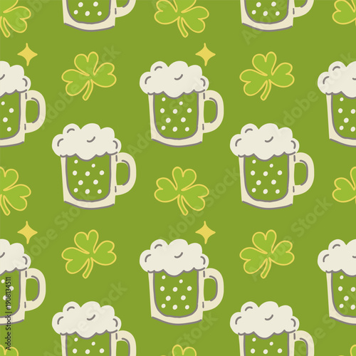 St. Patrick's Day vector seamless pattern with green beer mugs perfect for seasonsal designs, invitations, greeting cards.