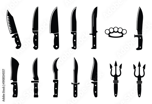 Collection of Silhouetted Knives, Brass Knuckles, and Tridents