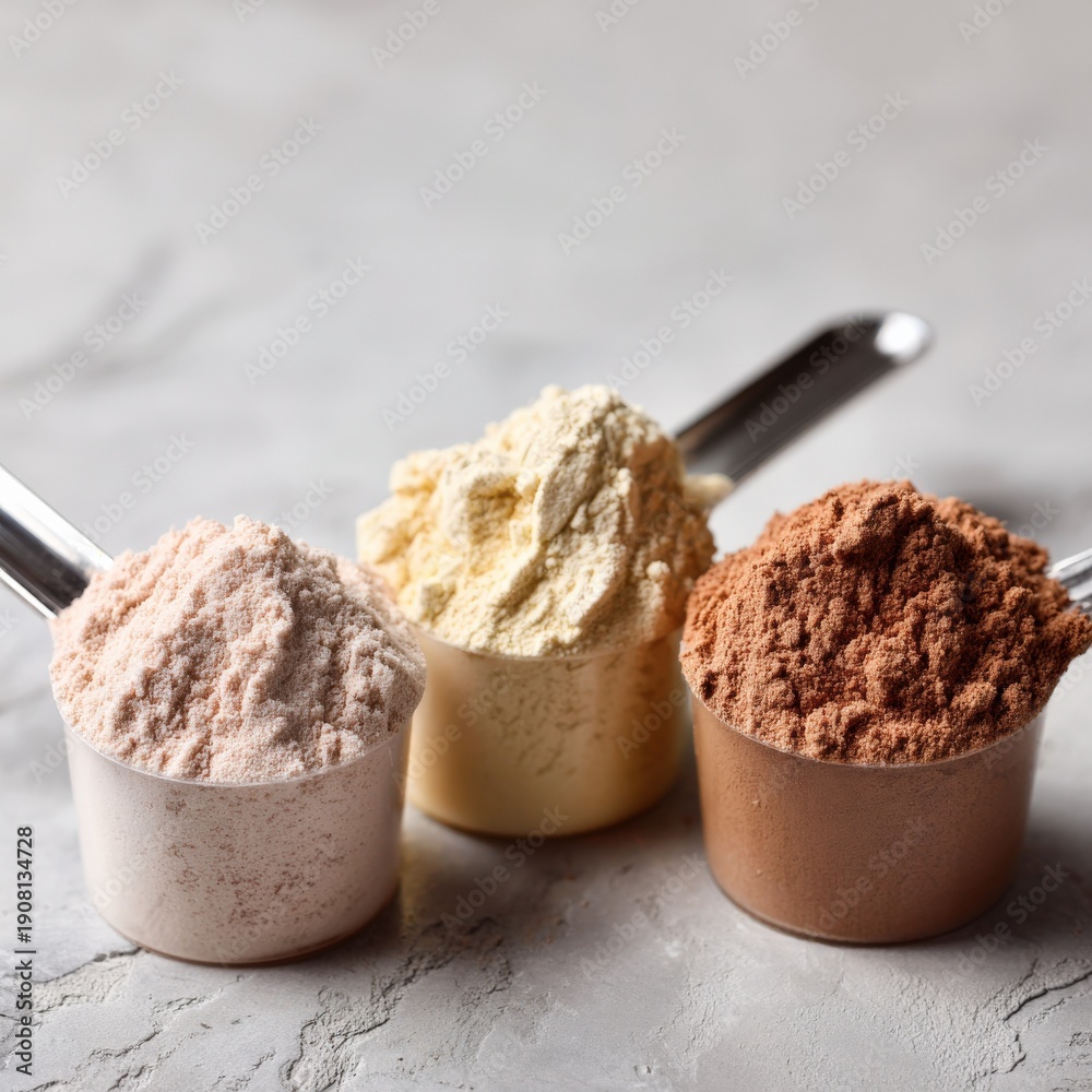 Fototapeta premium Assorted protein powders in measuring scoops on textured surface