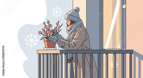 Woman tending to potted blooming tree on balcony in winter, snowflakes falling